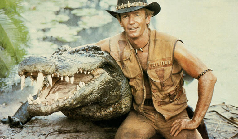 Burt the crocodile with the actor who played Crocodile Dundee