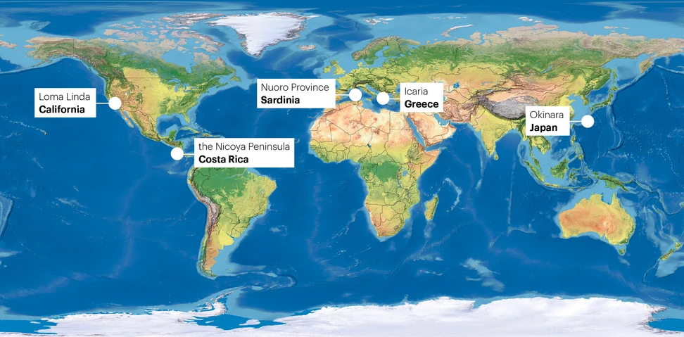 A map of the world showing the locations of Blue Zones.