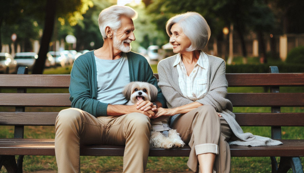 An AI generated picture of an older couple sitting on a park bench with a small dog sitting between them.