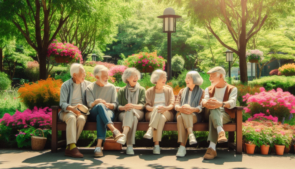 An AI generated picture of a group of seniors sitting together and laughing on a park bench.