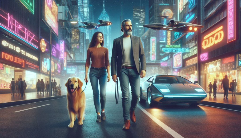 A couple walking down the street with their dog in a futuristic setting.