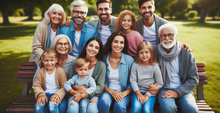 AN AI generated image of a group of various people posing for the camera in a park setting.