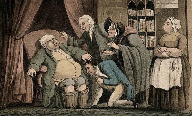 A drawing of people looking over a man in a chair who appears to be ill.