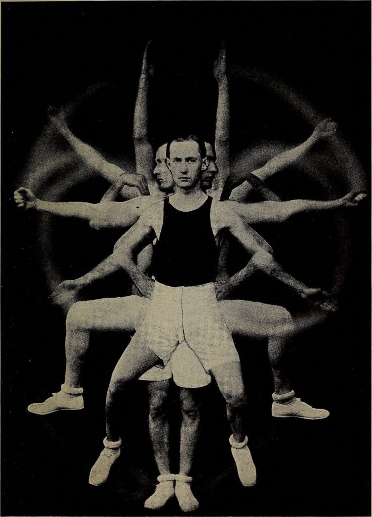 An older picture of a man in a tank top with various movements behind him.