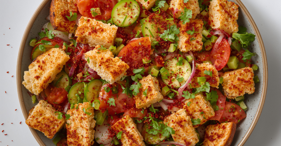 Fattoush salad with toasted pita, cucumbers, tomatoes, herbs, and sumac in a Mediterranean-style bowl