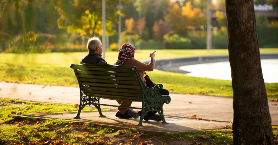 Two older adults sitting on a park bench in soft autumn sunlight, reflecting the importance of Vitamin D and outdoor light for healthy aging.
