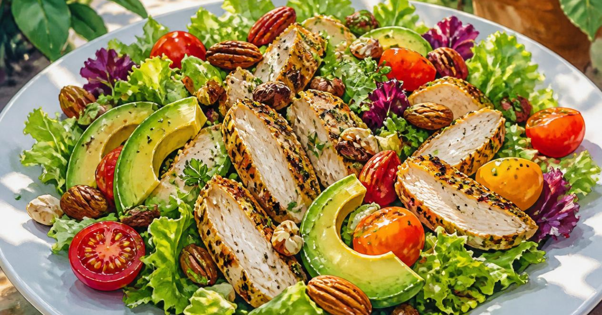 Healthy Senior Hydration Salad featuring grilled chicken, avocado, leafy greens, cherry tomatoes, pecans, and walnuts, showcasing a nutrient-rich meal that supports hydration and healthy aging.
